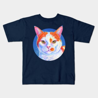 Orange and White Cat on Blue Kids T-Shirt